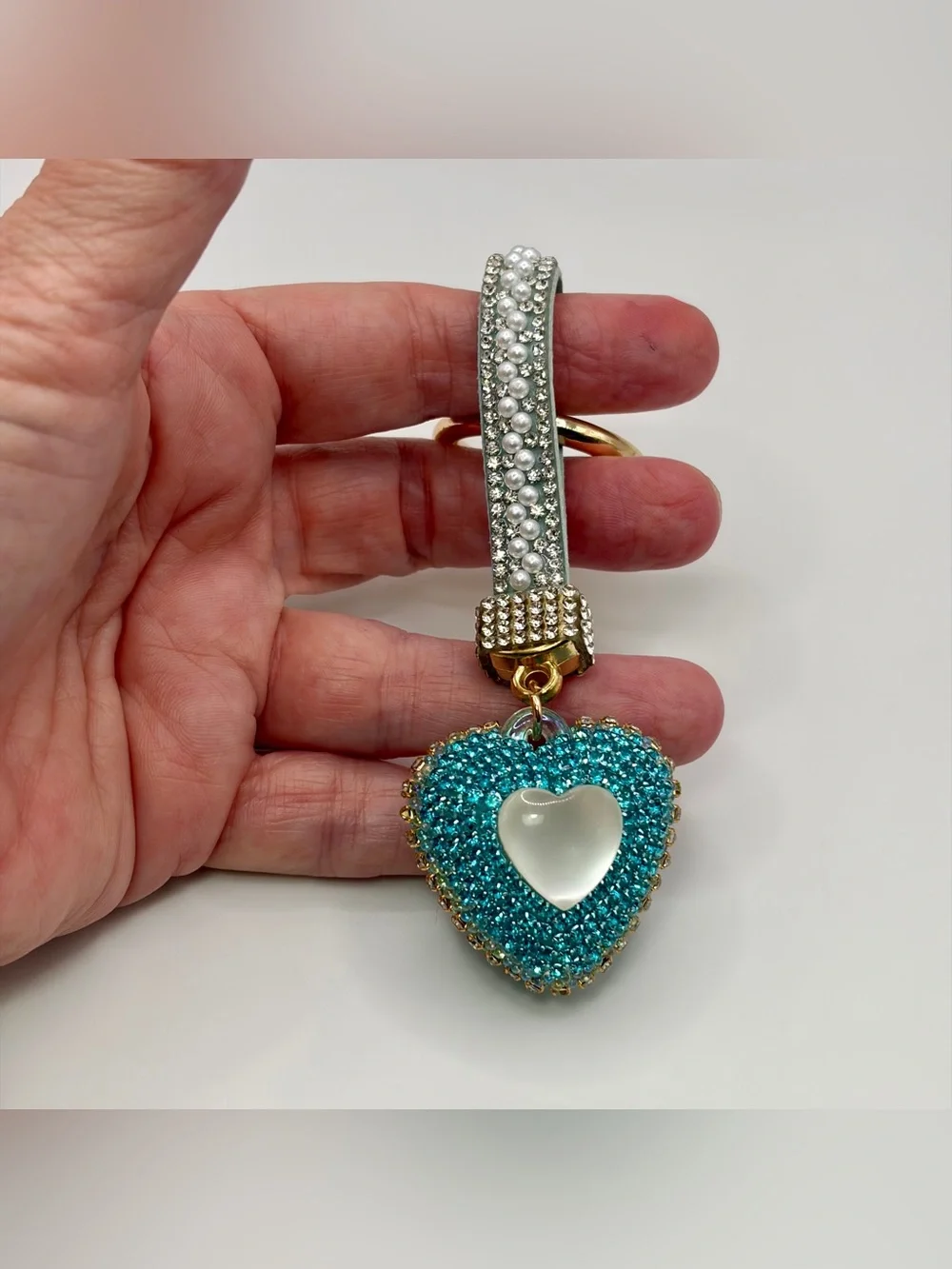 Crystal Strap Keychain with Teal Heart Charm
